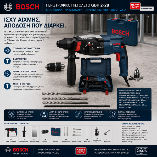 Σκαπτικό Πιστολέτο Bosch - GBH 2-28 F Professional Με Καλέμια Και Τρυπάνια.