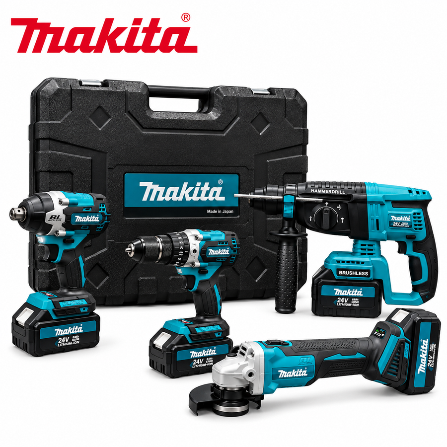 Σετ Makita 24V - Δραπανοκατσάβιδο, Περιστροφικό πιστολέτο, Μπουλονόκλειδο, Γωνιακός τροχός